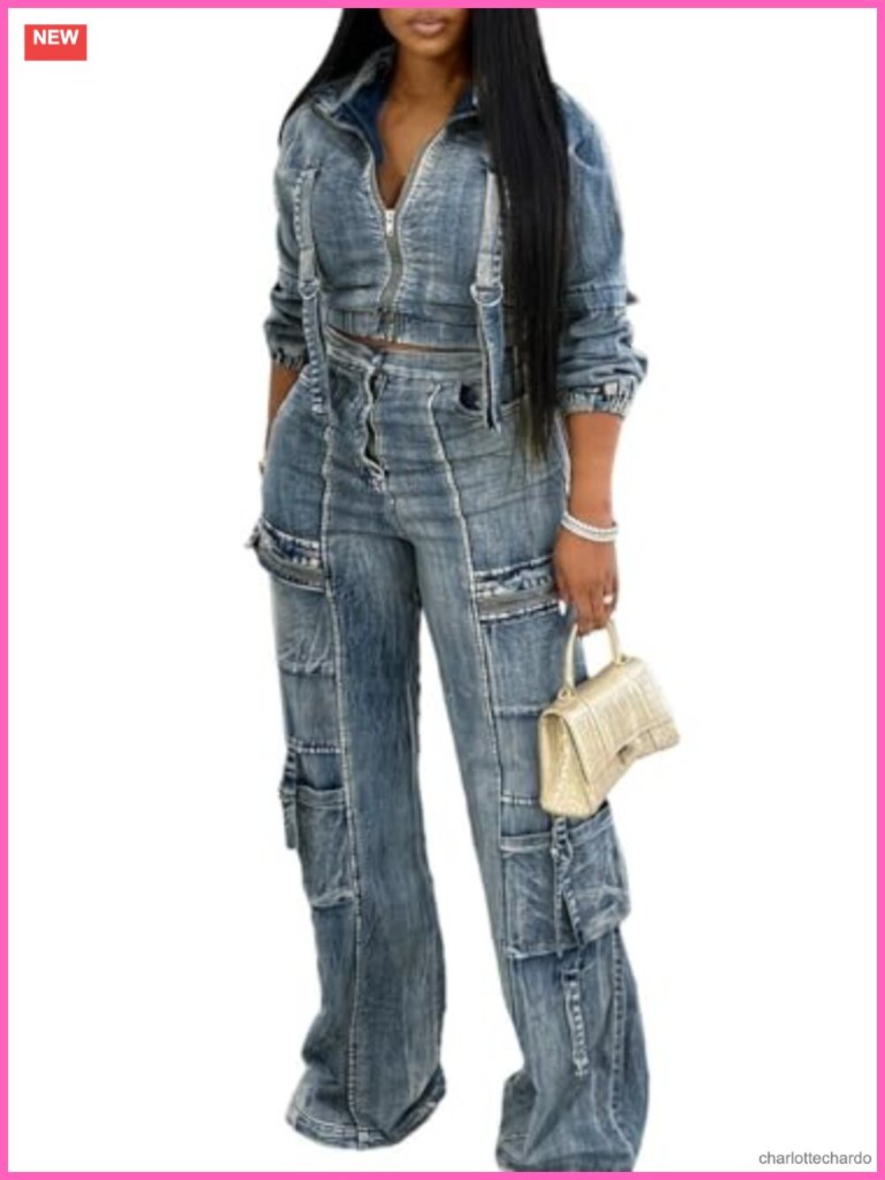 Denim Set for Women 2 Piece Jean Outfits Cargo Matching Sets Y2K Streetwear